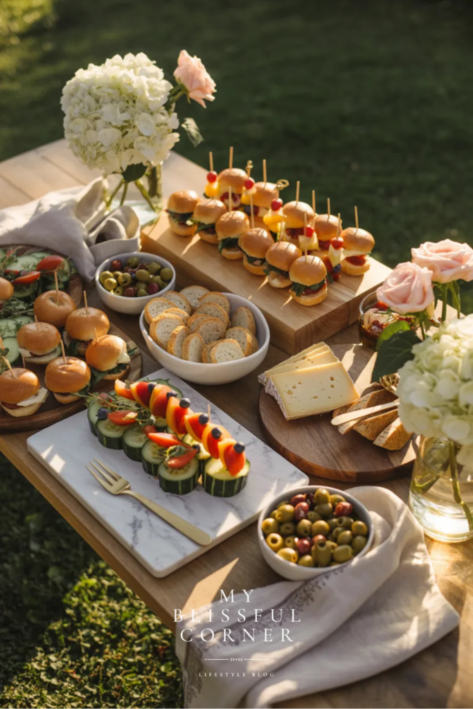 graduation party finger foods including sliders charcuterie skewers olives and appetizers