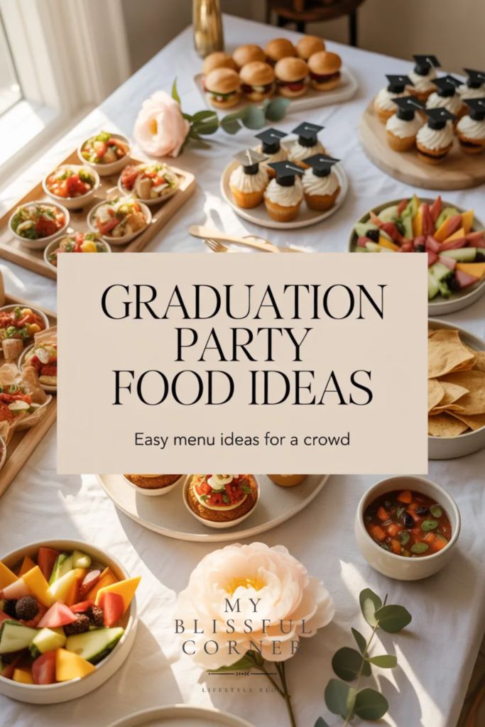 graduation party food spread with tacos sliders cupcakes fruit skewers and party appetizers on a decorated table