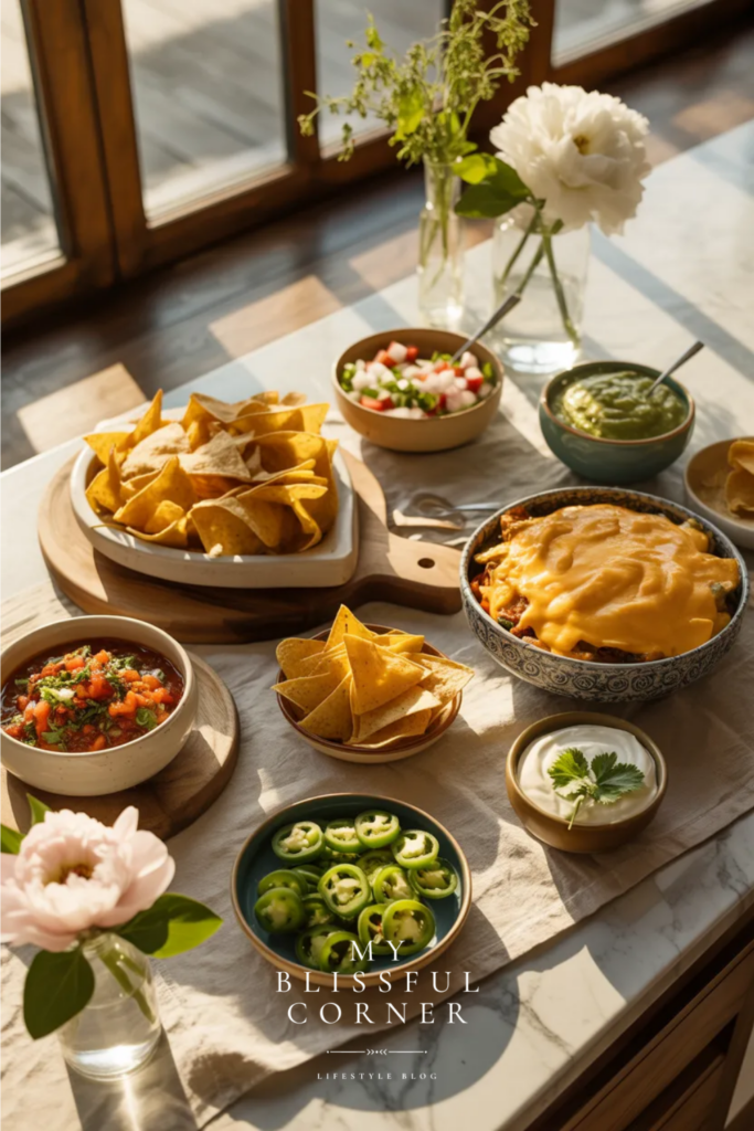 graduation party nacho bar with tortilla chips melted cheese salsa guacamole and jalapenos