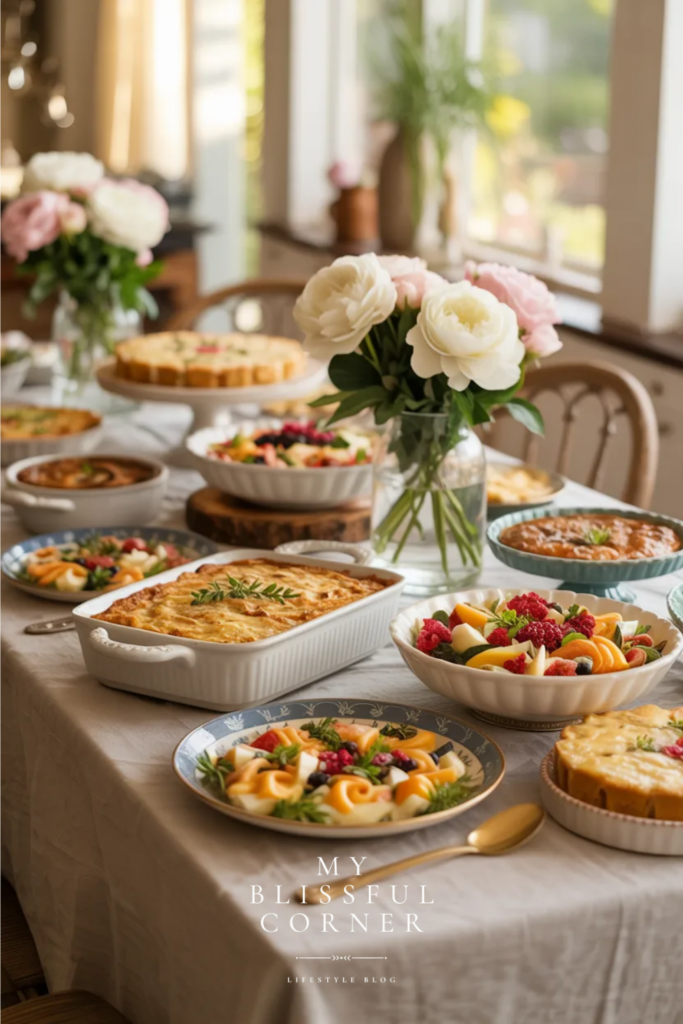 potluck style graduation party food table with casseroles salads and fresh dishes