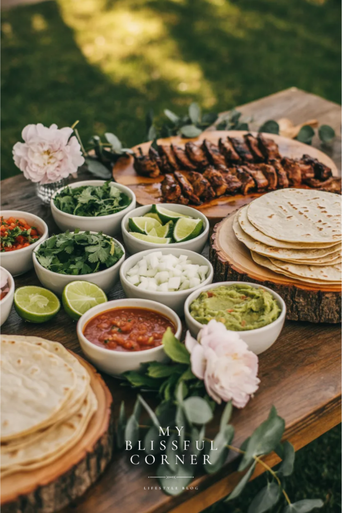 graduation party taco bar with tortillas grilled meat salsa guacamole lime and taco toppings