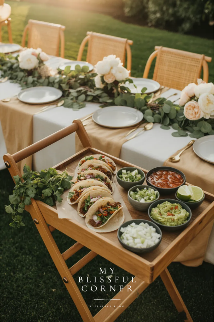 outdoor taco cart serving fresh tacos with toppings at a graduation party celebration
