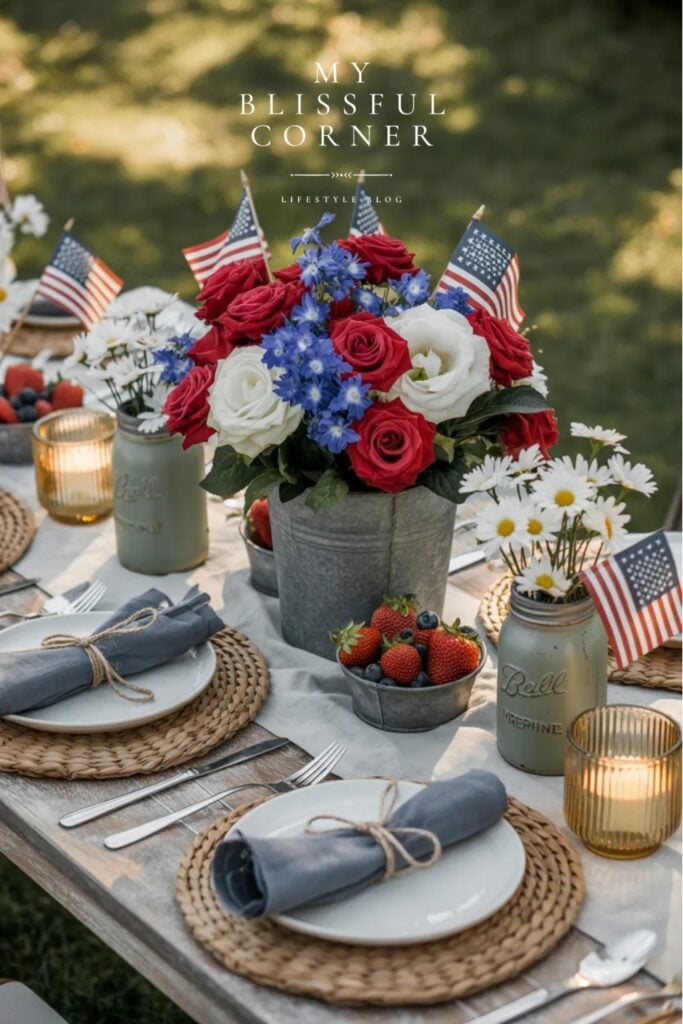 Patriotic centerpiece ideas for a 4th of July party featuring red roses, white hydrangeas, and blue delphinium in a galvanized bucket, surrounded by mason jars, fresh strawberries, and small American flags on a styled outdoor summer table.