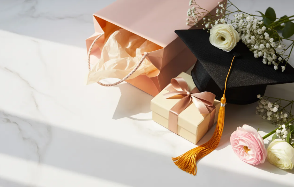 graduation gift ideas for her with graduation cap, flowers, and wrapped gift in a soft feminine aesthetic