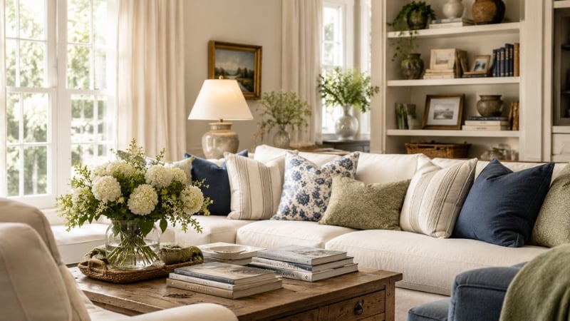 Nancy Meyers-inspired living room with neutral color palette, cream sectional sofa, blue accent pillows, rustic wood coffee table, built-in shelves, and cozy layered home decor.