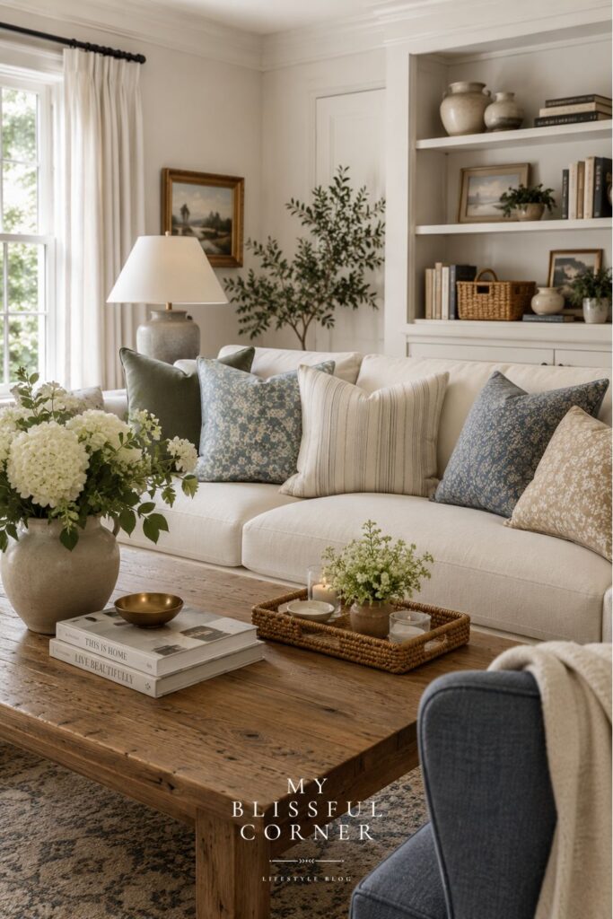 Nancy Meyers-inspired living room with neutral color palette, cream sectional sofa, blue accent pillows, rustic wood coffee table, and cozy layered home decor.