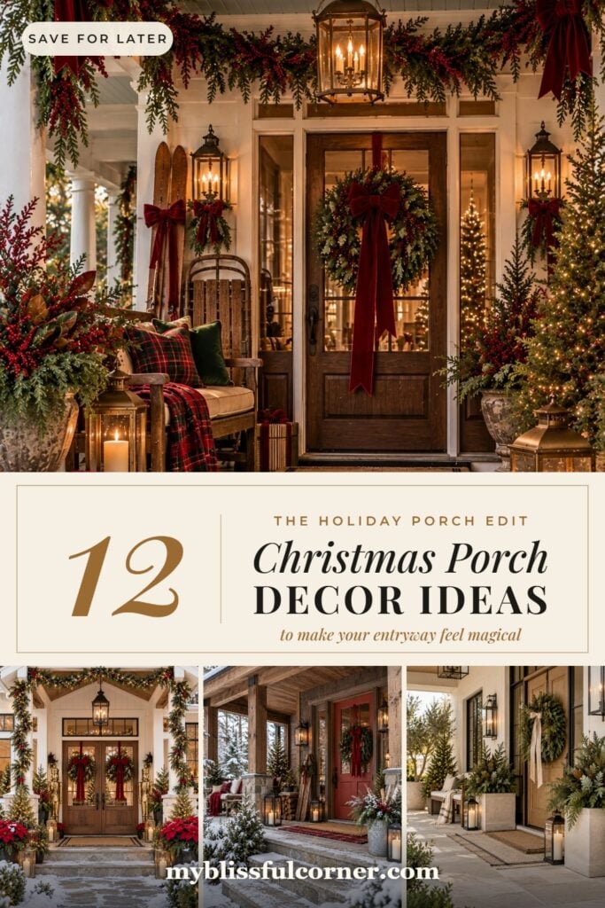 12 Christmas porch decor ideas collage with a cozy red door porch, farmhouse porch, snowy cabin porch and minimalist modern porch