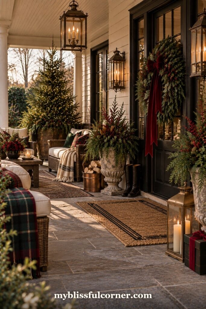 Christmas front porch decor with fresh greenery, lanterns and potted evergreens