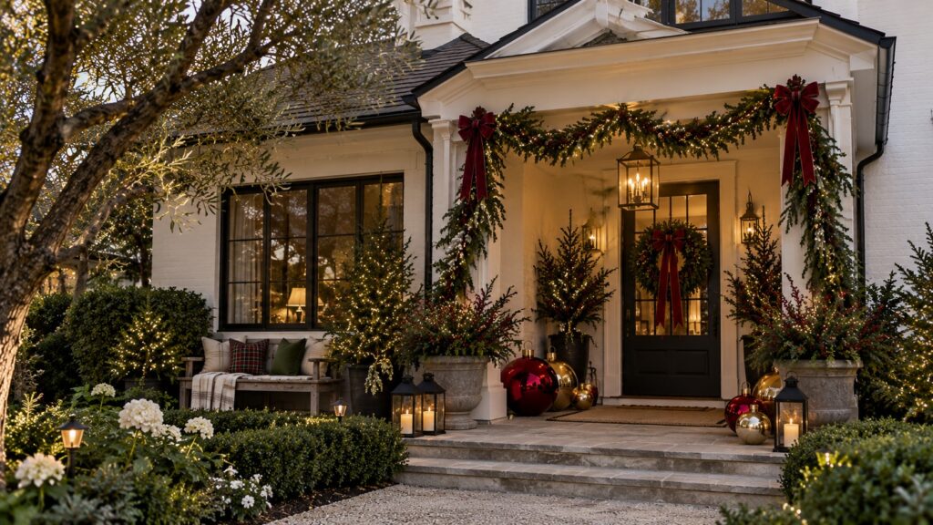 cozy farmhouse Christmas front porch with garland, red bows and lanterns