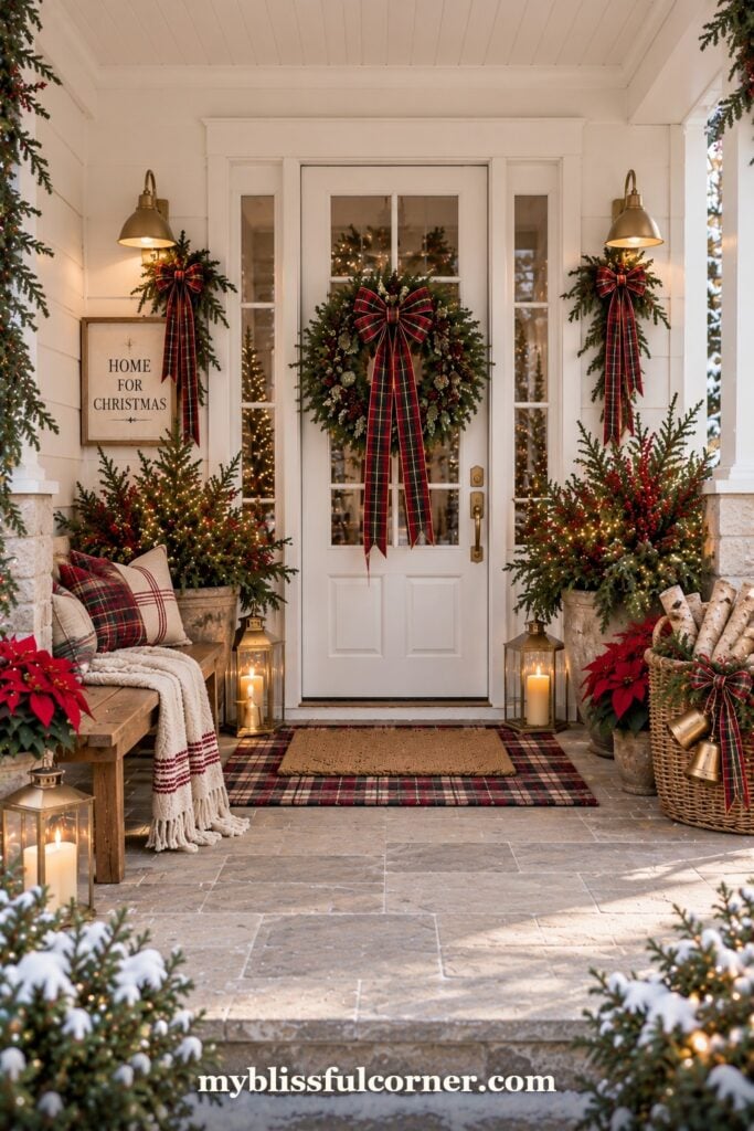 farmhouse Christmas porch with red plaid blankets, plaid rug and wreath on white door