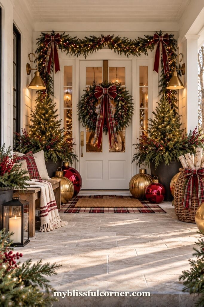 Christmas front porch with oversized red and gold ornaments, garland and Christmas trees