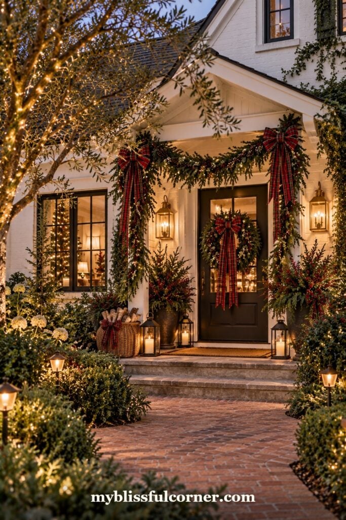 front porch Christmas decorating ideas with garland, plaid bows, wreath and glowing lanterns