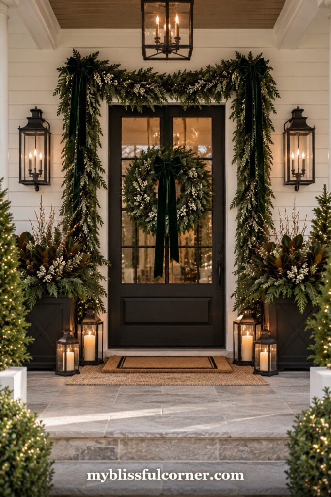 Christmas front porch with evergreen garland framing a black door and matching wreath
