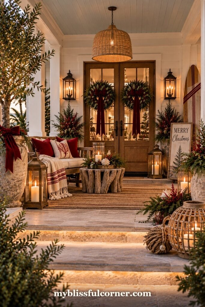 Christmas porch with warm string lights, lanterns and glowing steps