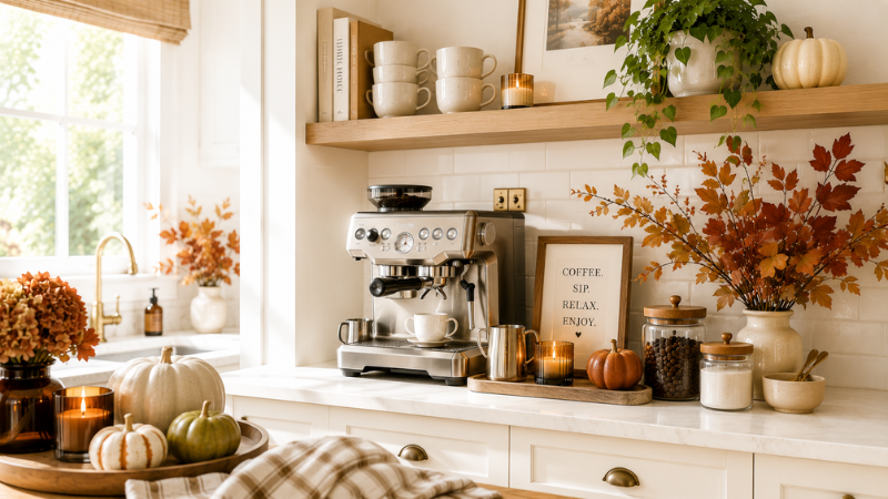 Bright fall coffee station in a white kitchen with a stainless steel espresso machine, pumpkins, autumn leaves, candles, coffee jars, and warm seasonal decor.