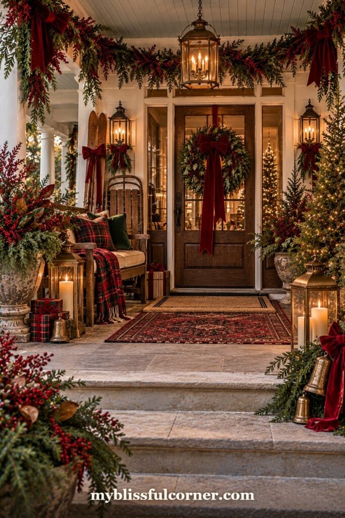 cozy Christmas front porch with red door, wreath, poinsettias and glowing lanterns