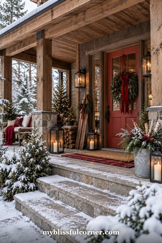 cozy cabin style Christmas porch with red door, lanterns and snowy steps