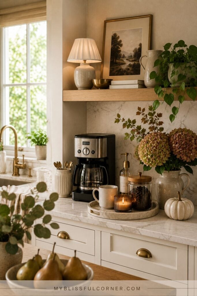 Cozy fall coffee bar in a bright white kitchen with an espresso machine, autumn branches, pumpkins, candles, neutral mugs, and warm seasonal decor.