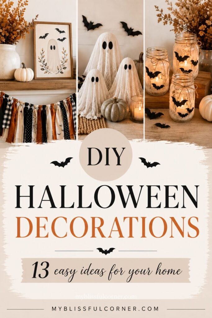 DIY Halloween decorations collage featuring cheesecloth ghosts, bat mason jar lanterns, a rag garland, and easy homemade Halloween decor ideas for the home