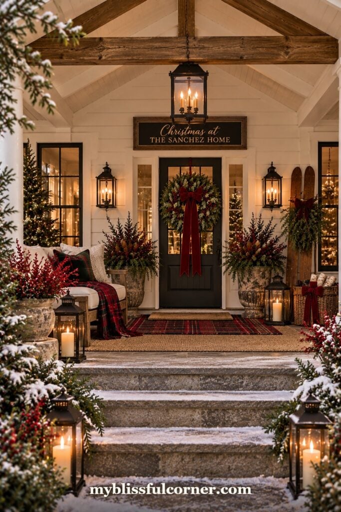 farmhouse Christmas front porch with wooden sign above red door and lanterns on snowy steps