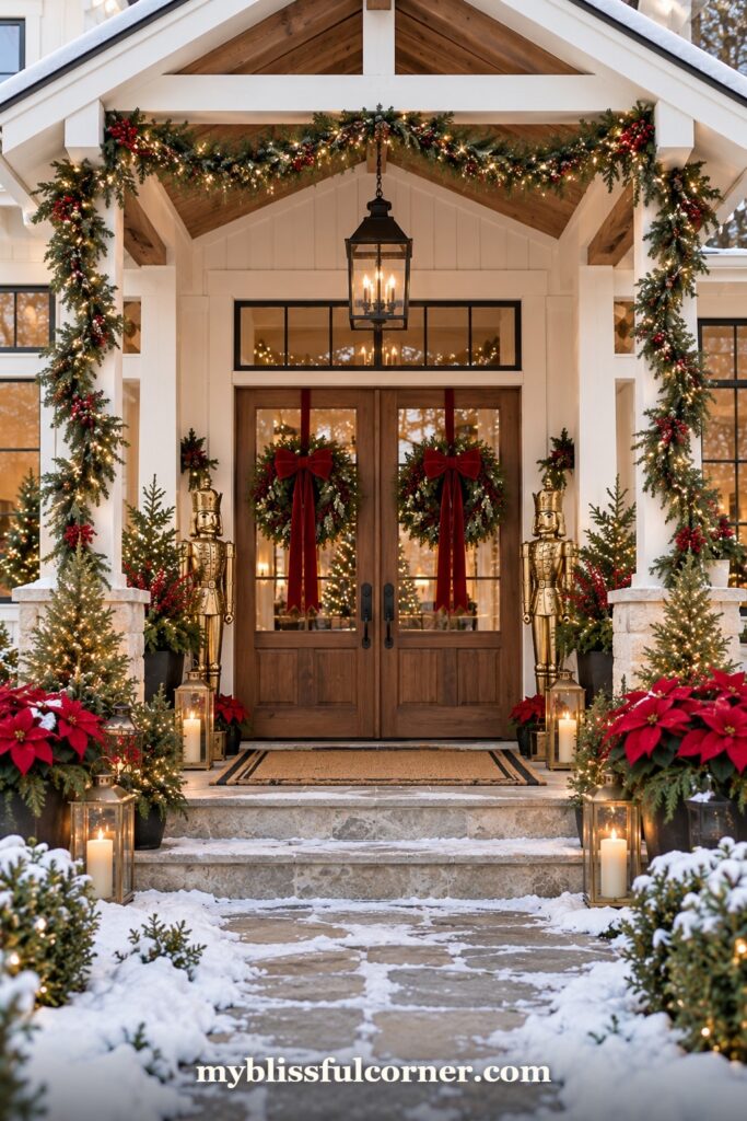 farmhouse Christmas porch with evergreen swag over the door and hanging lanterns