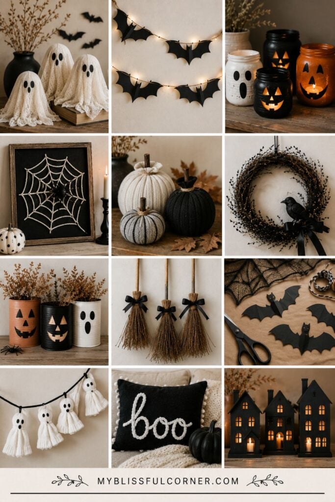 Halloween arts and crafts collage featuring DIY ghost decorations, sock pumpkins, bat garlands, mason jar lanterns, spiderweb art, wreaths, broom crafts, and cozy farmhouse Halloween decor.
