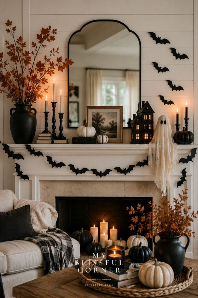 Cozy DIY Halloween decorations on a farmhouse mantel featuring a ghost, pumpkins, black bats, candles, haunted houses, and neutral fall decor.