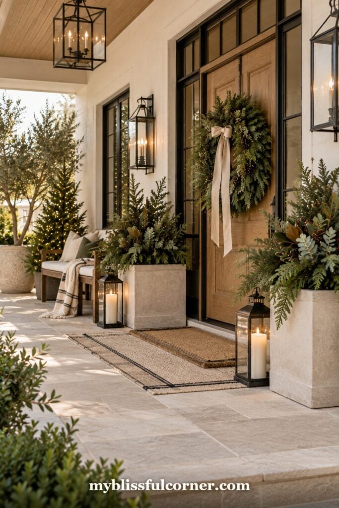 minimalist Christmas front porch with simple wreath, white ribbon and potted evergreens