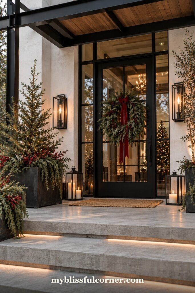 modern Christmas porch with potted Christmas trees, black glass door and lit steps
