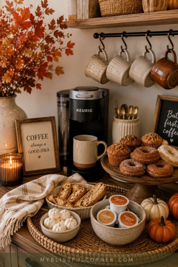 Cozy fall coffee station with pumpkin muffins, apple cider donuts, cinnamon biscotti, seasonal coffee pods, ceramic mugs, pumpkins, and warm autumn decor.