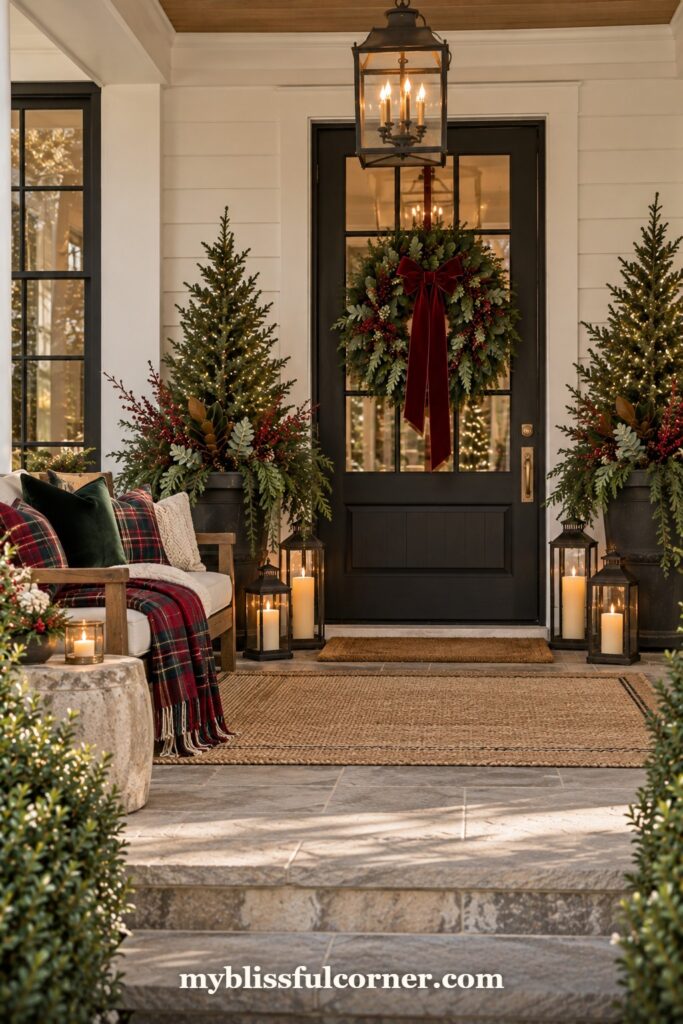 Christmas porch seating area with plaid throws beside a black front door and Christmas trees