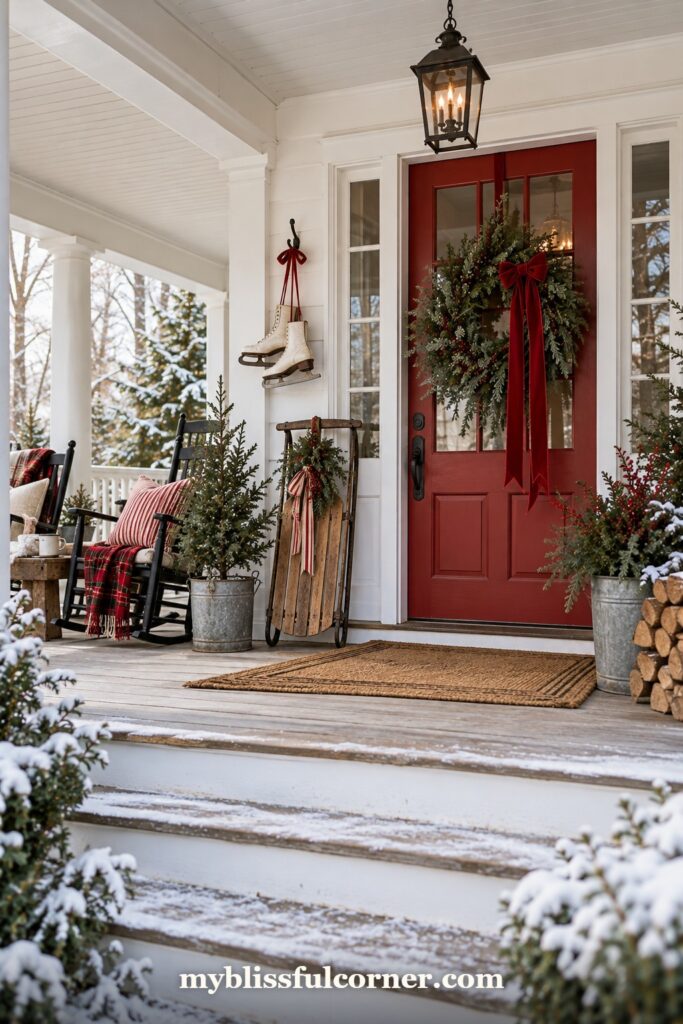vintage farmhouse Christmas porch with red door, wreath and festive doormat