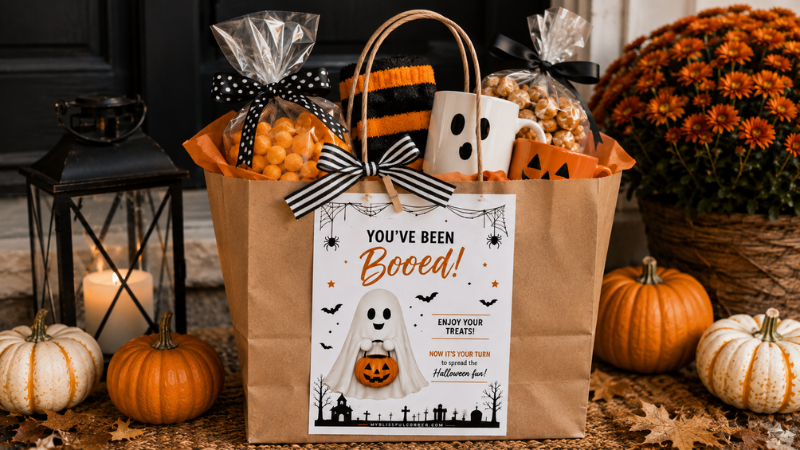 Halloween "You've Been Booed" gift bag with a free printable sign, ghost mug, popcorn treats, pumpkins, lantern, and fall porch decor.