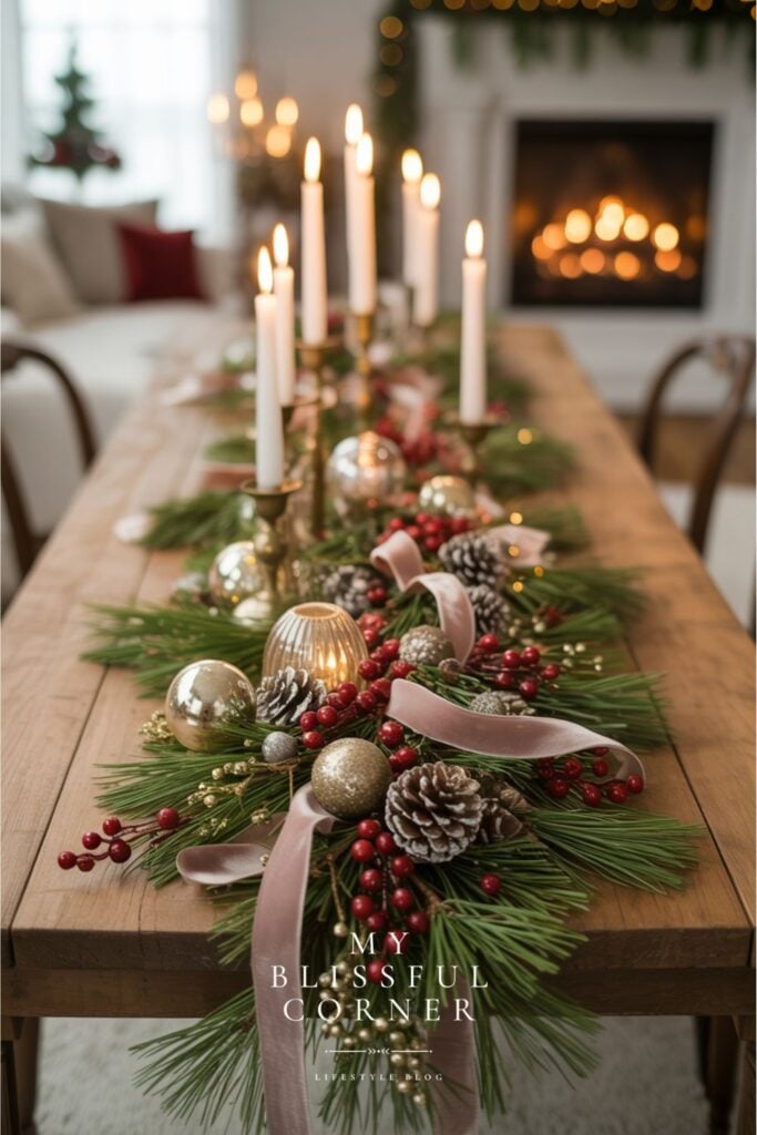 Elegant Christmas table centerpiece with taper candles, gold ornaments, red berries and blush ribbon on a wooden dining table