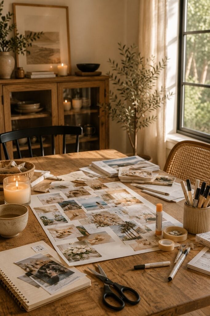 Cozy dining room workspace with vision board supplies, magazine clippings, photos, scissors, and a vision board in progress.