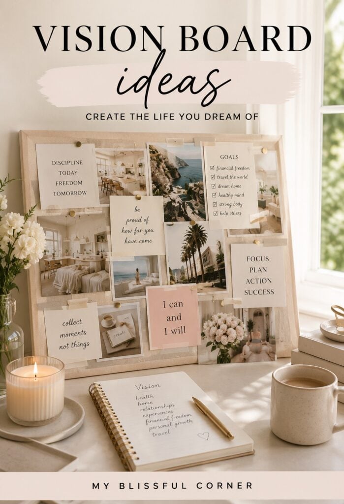 Vision board ideas for creating your dream life with inspirational photos, goals, and motivational notes.