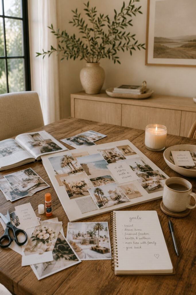 Vision board ideas in progress on a cozy dining table with photos, magazines, scissors, and goal-setting supplies.