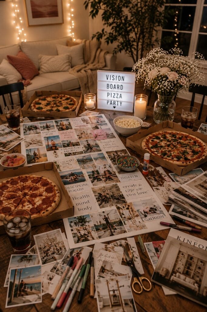 Cozy vision board pizza party with pizzas, magazines, photo clippings, craft supplies, and vision boards spread across a dining table.