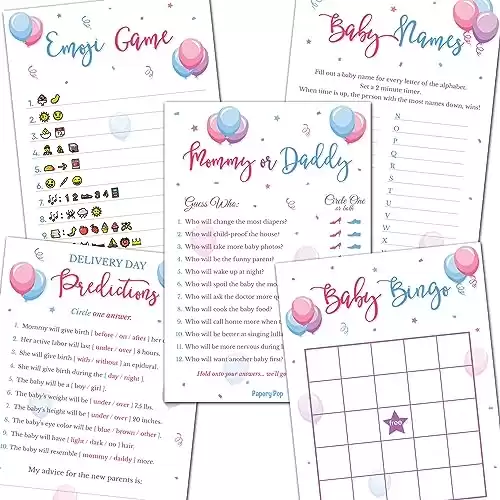 Gender Reveal Party Games - 5 Activities for 25 Guests - Double Sided Games