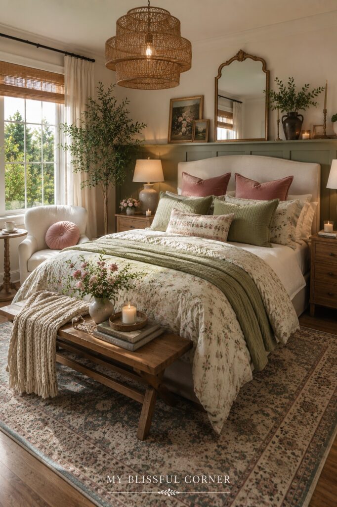 Aesthetic bedroom ideas with floral bedding, sage green and blush accents, natural wood, and layered vintage-inspired decor.