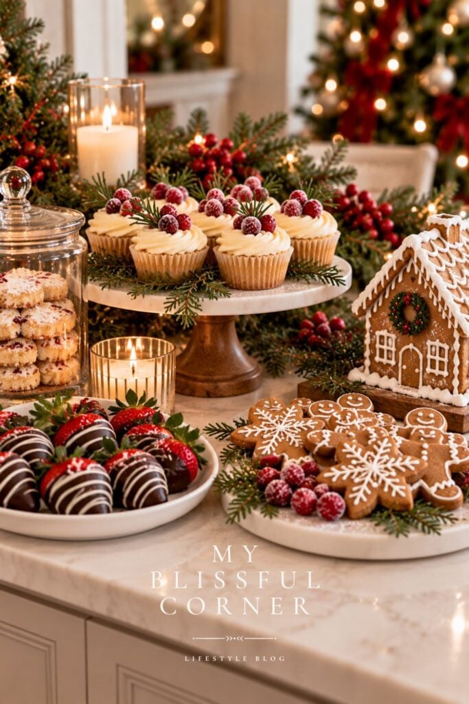Christmas brunch dessert table with cupcakes, gingerbread cookies, chocolate covered strawberries, and a gingerbread house