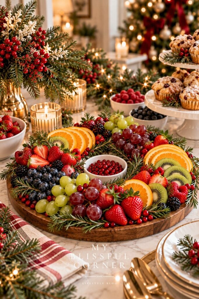 Christmas fruit platter with strawberries, oranges, grapes, blueberries, and rosemary