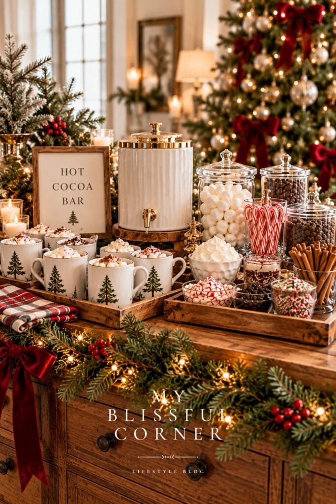 Christmas hot cocoa bar with mugs, marshmallows, candy canes, and toppings