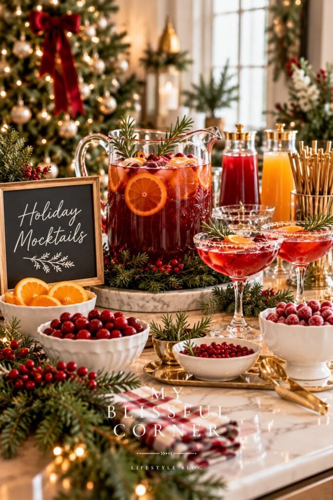 Holiday mocktail bar with cranberry punch, orange slices, and festive glasses