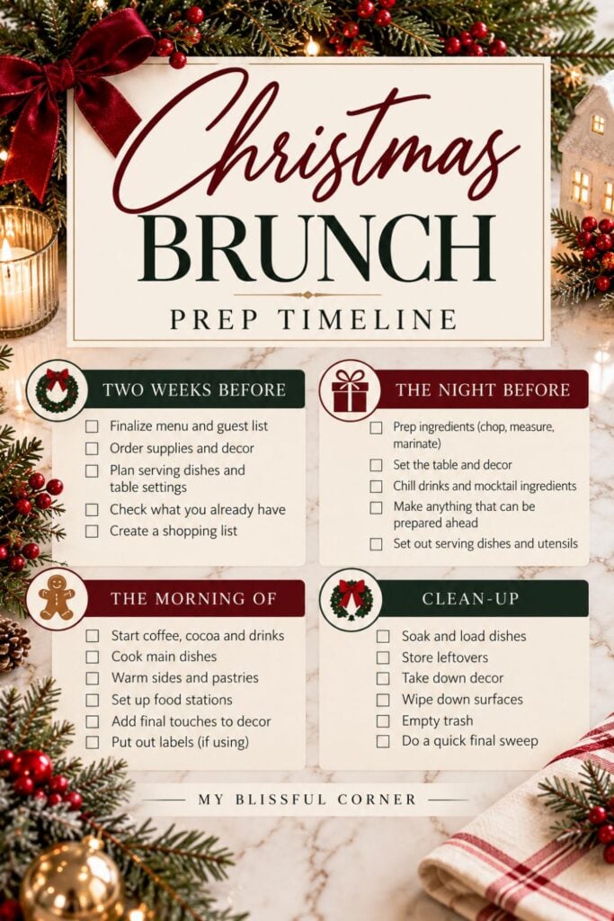 Christmas brunch prep timeline checklist for two weeks before, the night before, the morning of, and clean-up