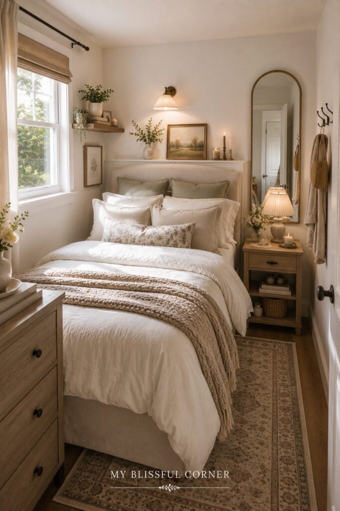 Cozy bedroom ideas aesthetic for a small space with layered neutral bedding, warm wood furniture, an arched mirror, and natural light.