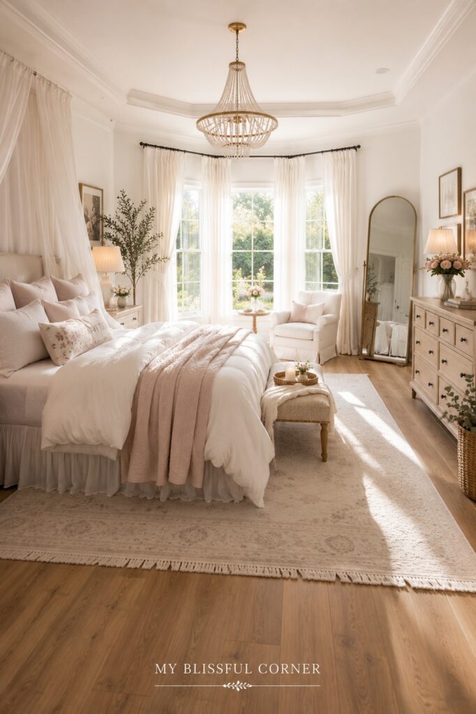 Dream bedroom inspiration with airy white bedding, soft blush accents, sheer curtains, and a bright window reading nook.