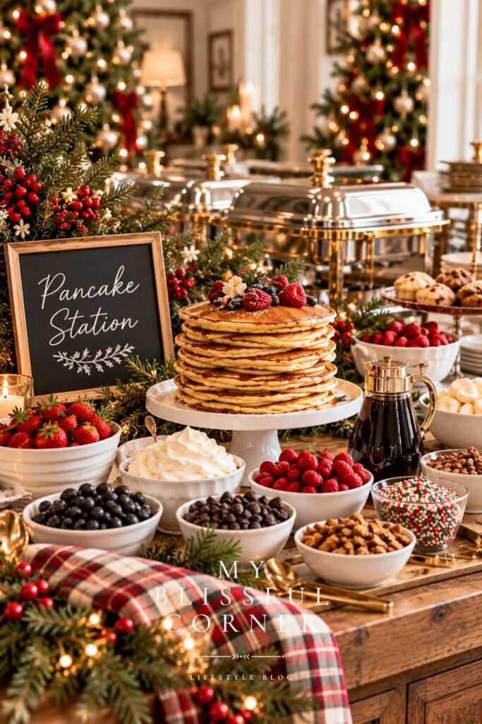 Christmas brunch pancake station with a pancake stack, berries, whipped cream, and toppings