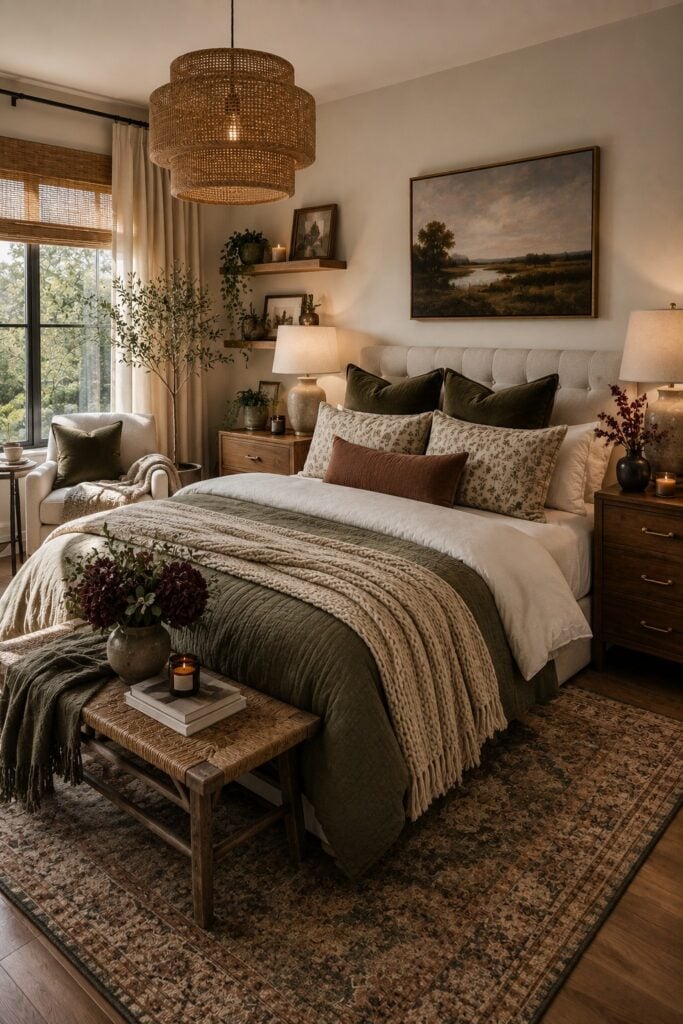 Moody bedroom aesthetic with olive green bedding, warm wood furniture, layered textiles, and cozy ambient lighting.