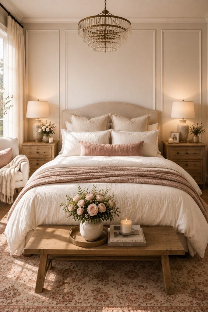 Romantic bedroom ideas with soft blush accents, layered white bedding, classic wall molding, and warm bedside lighting.